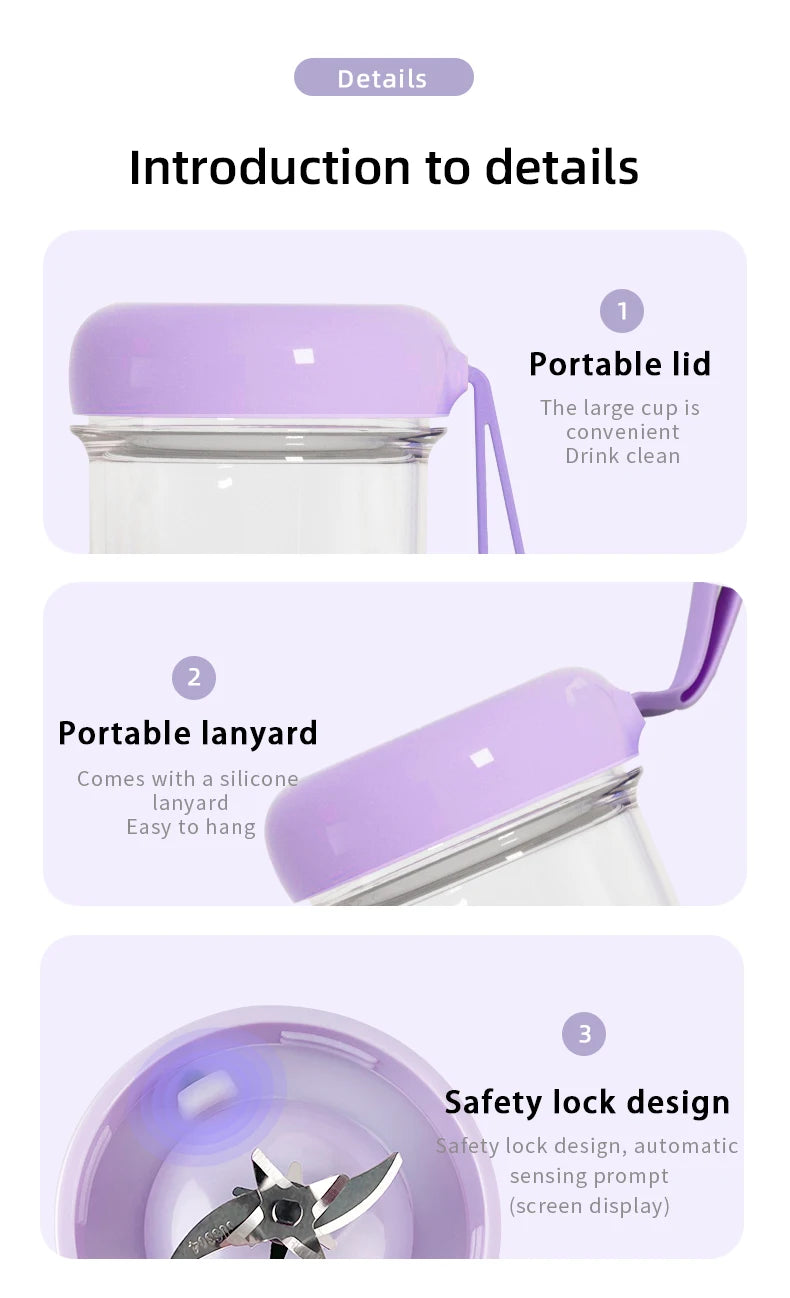 Portable Blender USB Rechargeable Cordless Mini Juicer Mixer for Smoothie Shake Protein Travel Sports Bottle Juicer Cup