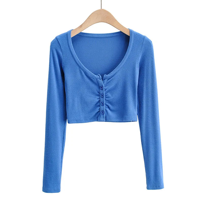 Summer Sexy Women Crop Tops Long Sleeve Tee Shirt Clubwear Buttons Solid T Shirt Women Black White Slim Tops