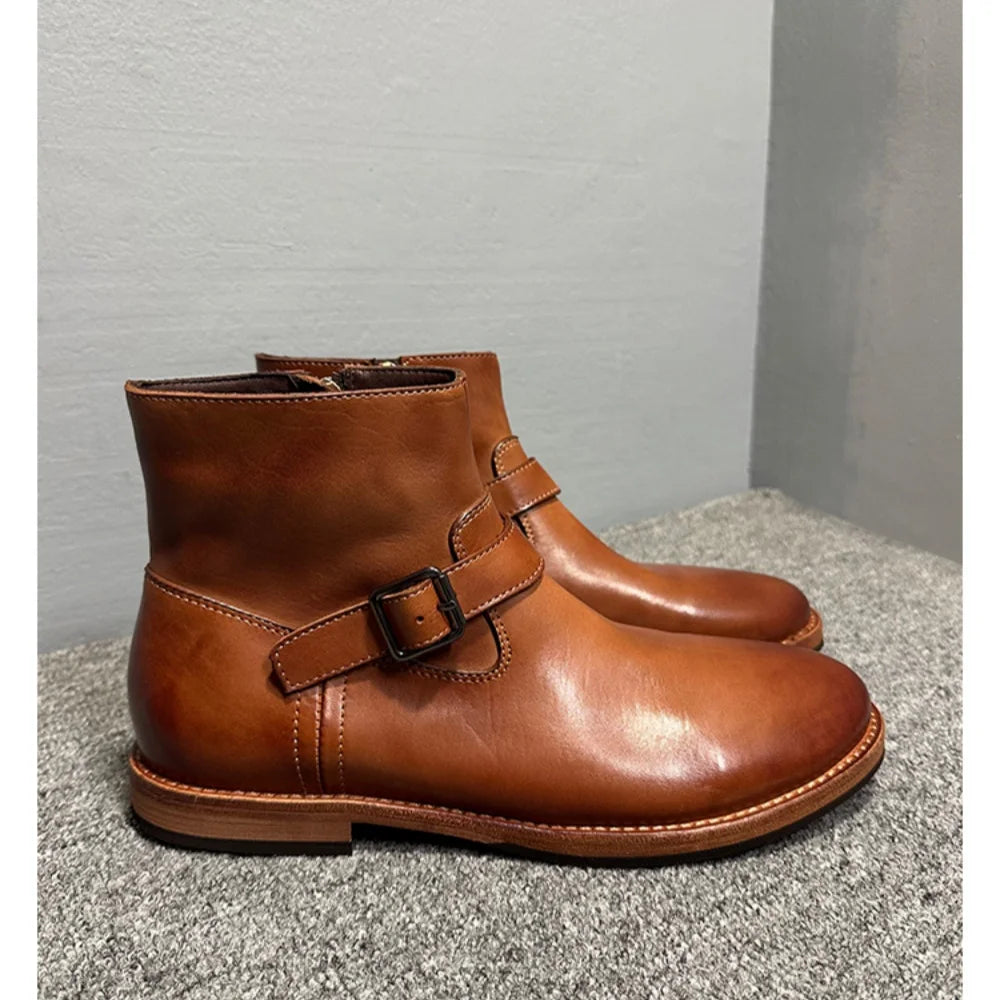 Handmade horsehide casual ankle boots Chelsea boots for men genuine leather sole adjustable strap decoration zip business style