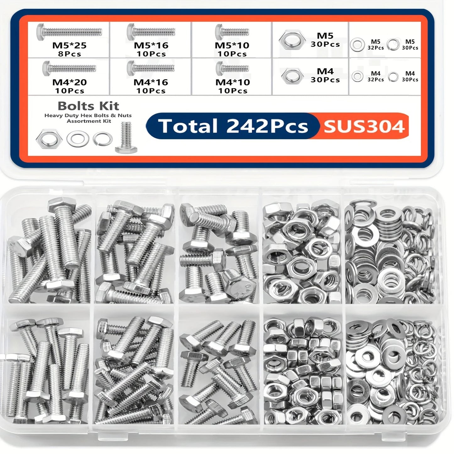 120/240/480pcs Stainless Steel Nuts and Bolts Assortment Kit, Including 6 Sizes Hex Bolts,Flat Washers, Lock Washers.