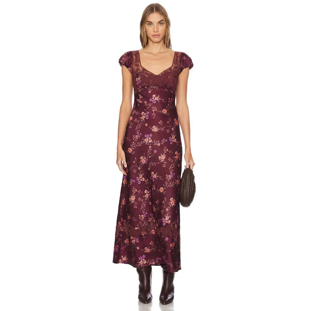Luxurious Silk Satin Long Dress Elegant Puff Sleeve Polka Dot Floral Gown Sexy Open Back Midi Dresses for Evening Cocktail