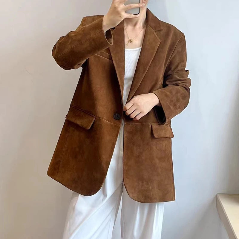 Top layer Suede Suit Jacket for Women 2025 Luxury Imported Kid Suede 100% Leather One Button Back Cut Coat Linda Fuchsia Ceket