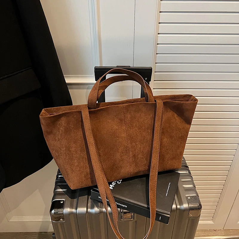 Large Capacity Tote Women Bag Retro Faux Suede Shoulder Bag Quitting Designer Bags for Women Handbag Commuting Shopper Purses