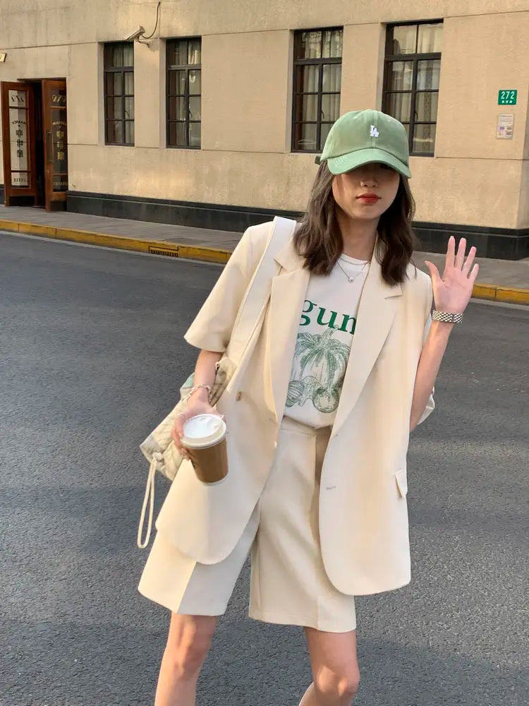 Pant Suits 2025 Spring and Summer Thin Casual Loose Short Sleeved Suit Jacket Women Suit Two-piece Set
