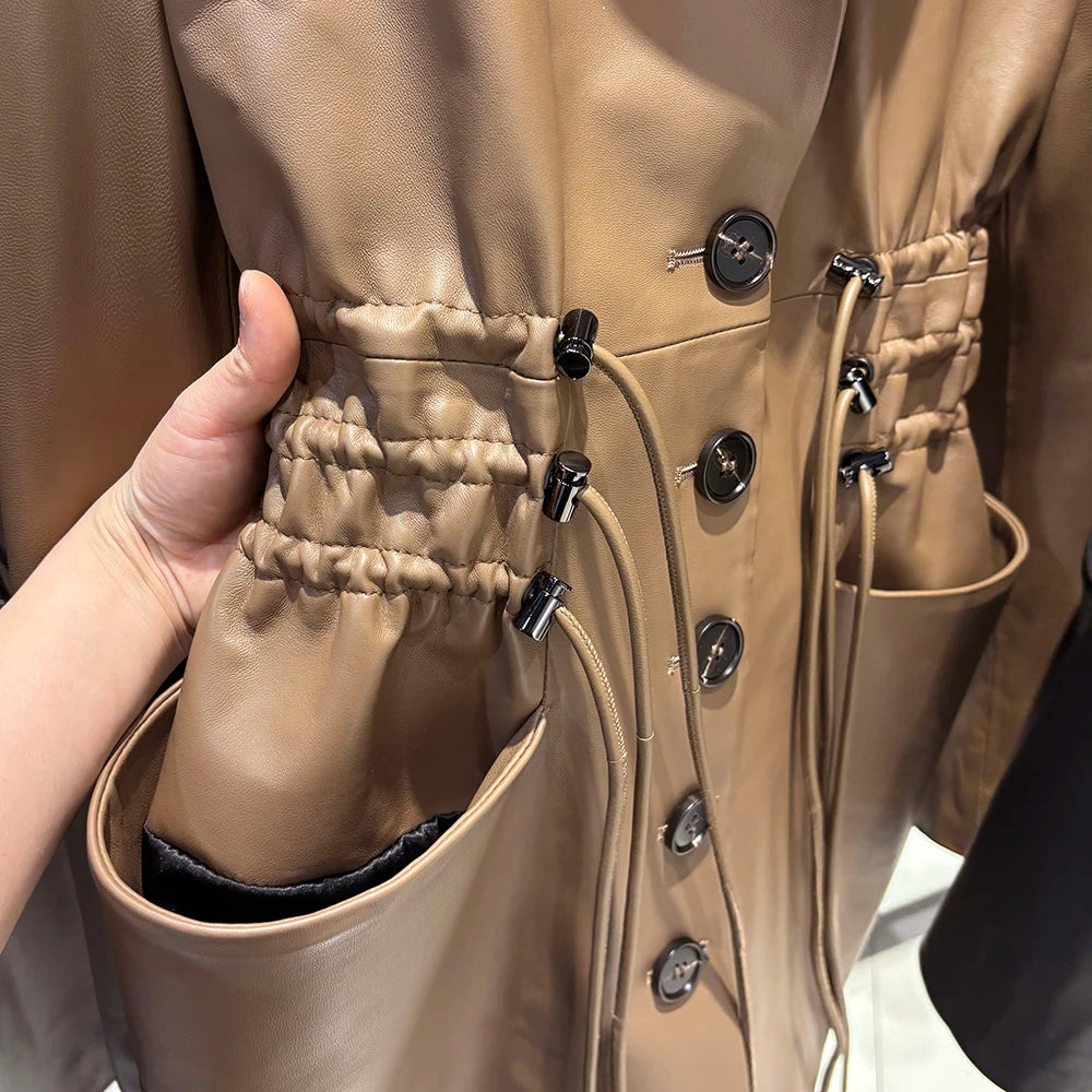 YOLOAgain Women's Leather Jacket Genuine Sheepskin Coat Single Breasted