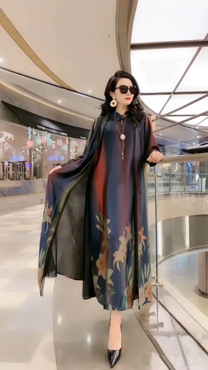 Authentic Silk Dress for Mother, Silkworm Loose Dress, High-End Print, 2-Piece Dress, Women's Dresses, Spring, Summer, New, 2023
