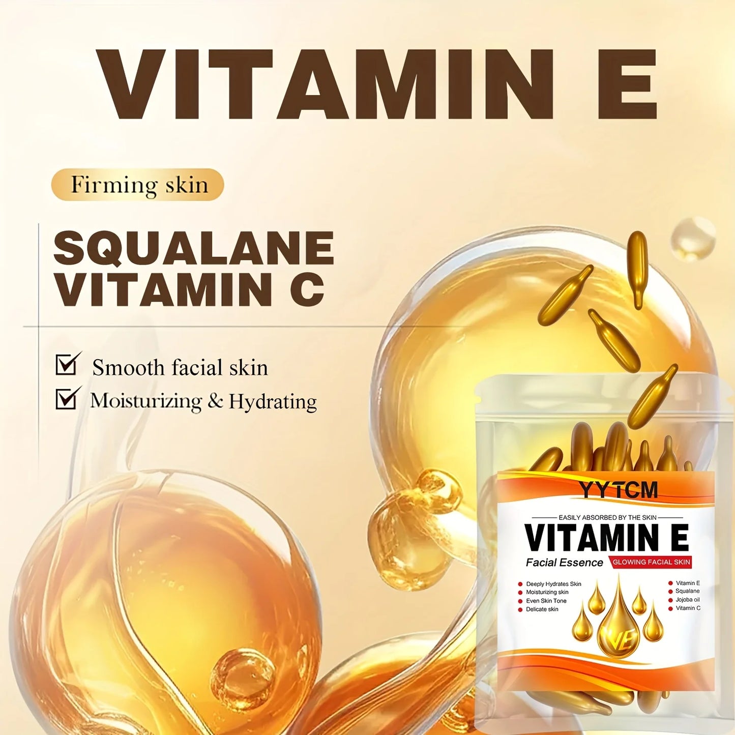 Vitamin E Deep Moisturizing Capsule Essence, Hydrates and Smoothes the Skin, Contains Plant Squalane, Vitamin C, Deep Hydrating and Brightening Skin Essence (0.4g X 30 Capsules)/Bag-1 Bag