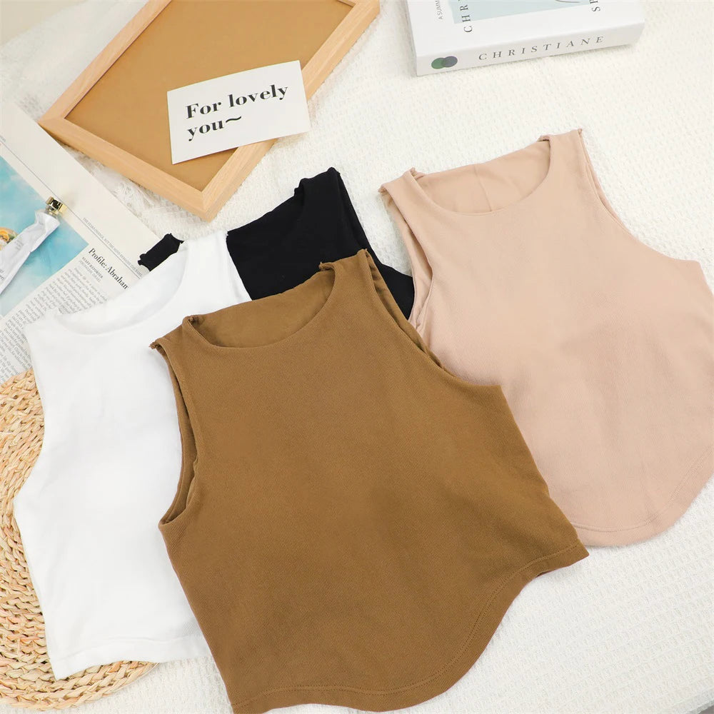 Summer Women Tank Tops Solid Color Camisole with padded Bra sexy Off Shoulder O Neck Elastic Tank Top Casual Sport Vest