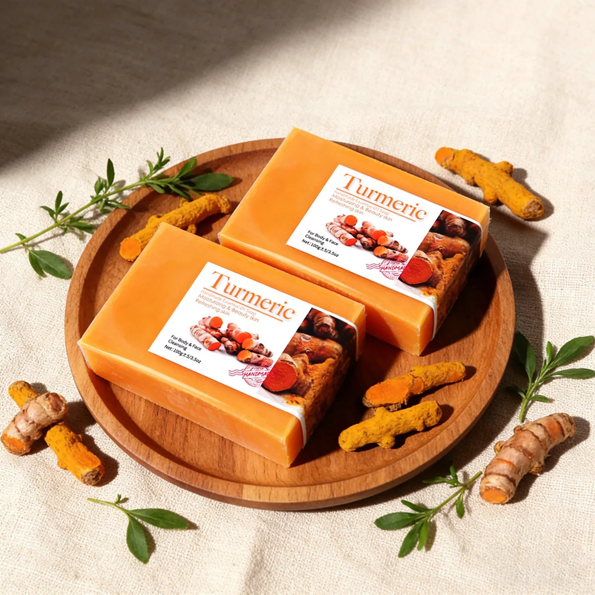 2Pcs 100% Natural Organic Turmeric Skin Whitening Anti Acne Handmade Skin Care Face Body Turmeric Bar Soap