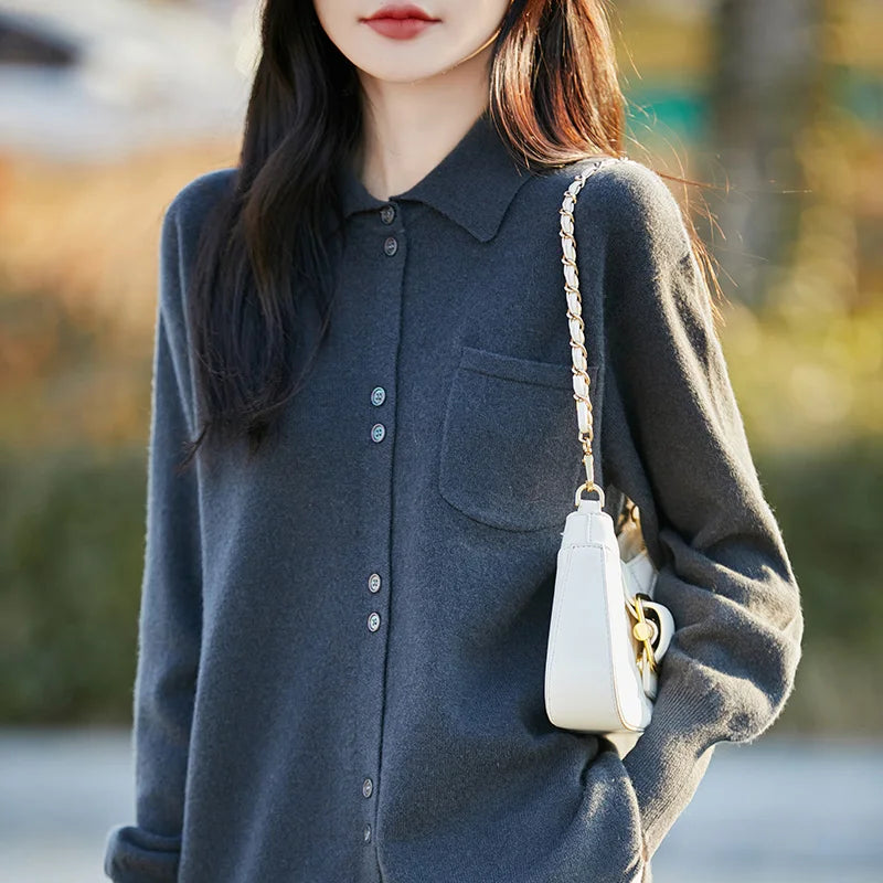 POLO Collar Wool Sweater 100 Pure Wool Spring And Autumn New Knitted Women Loose And Slimming Cardigan ZA682