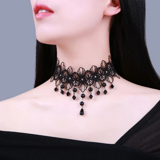 Sexy Lace Necklace Vintage Flowers Choker Pendant Female Jewelry Black Beading Bead Neck Ornament Hyperbole Neck Ornament