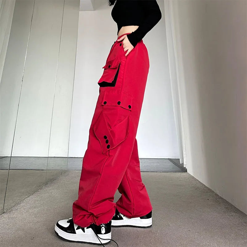 American High Street Workwear Casual Pants Women Loose Color Block Straight Leg Long Pants Pocket High Waist Wide Leg Trousers