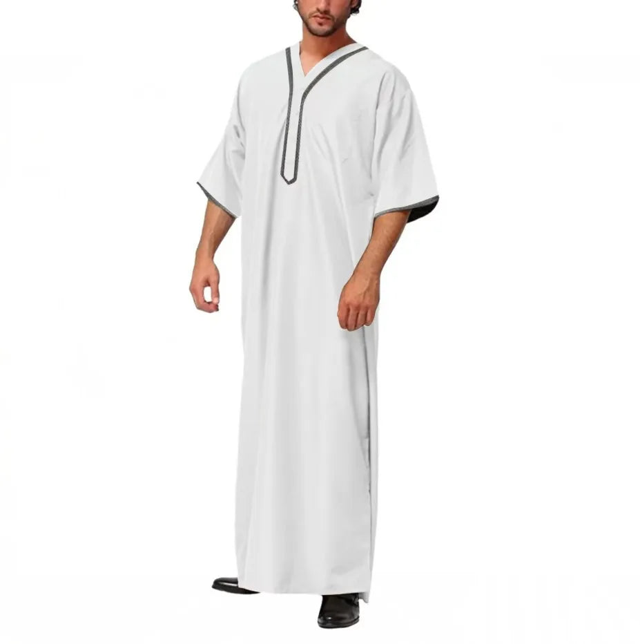 Islamic Muslim Men's Solid Color Short Sleeve Classic Embroidery Robe Dubai Arabic Ethnic Style Men's Casual Formal Robe