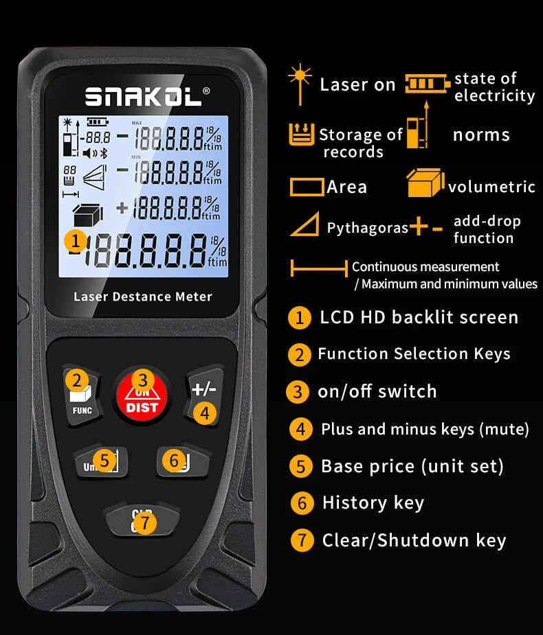 Snakol Laser Distance Meter 50m 70m 100m 120m Digital Range Finder Rechargeable Rangefinder Laser Tape Measure Electronic Ruler