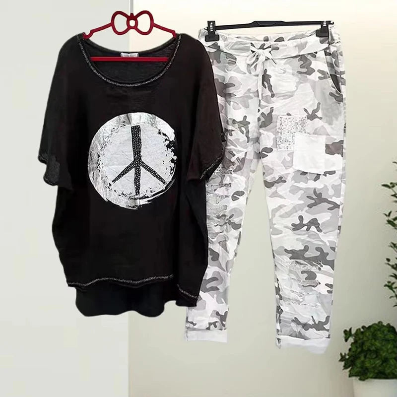 Pants Set For Women Fashion O Neck Irregular Hem Blouse Camouflage Print Drawstring Pants Sets Casual Short Sleeve T Shirt Suits