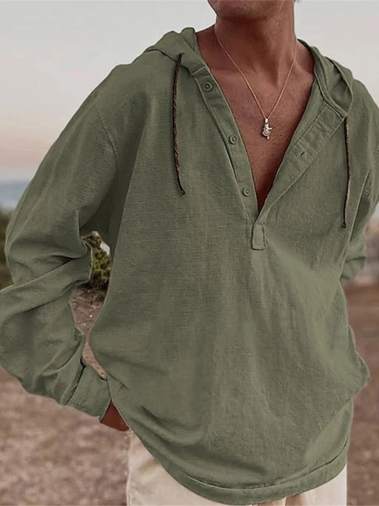 Vintage Cotton Linen Hooded Shirt For Men Long Sleeve V Neck Hoodies Tops Fall Casual Loose Shirts Seaside Beach Blouse Clothing