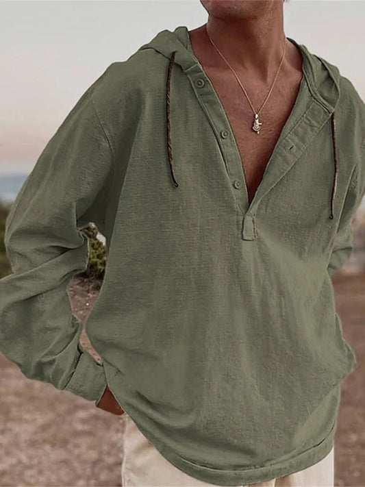 Vintage Cotton Linen Hooded Shirt For Men Long Sleeve V Neck Hoodies Tops Fall Casual Loose Shirts Seaside Beach Blouse Clothing