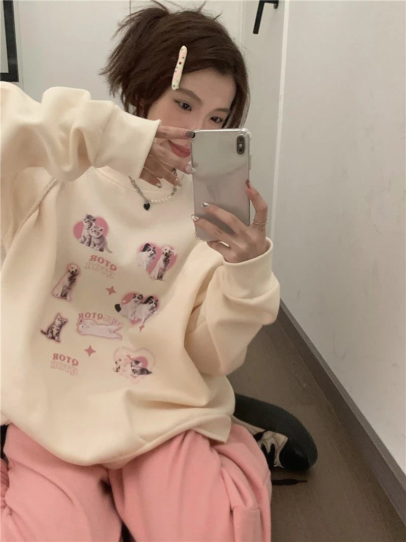 KOSAHIKI Cute Hoodies Women Letter Dog Print Sudaderas Mujer O-neck Sweatshirt Harajuku Streetwear Y2k Pullover Moletom Feminino
