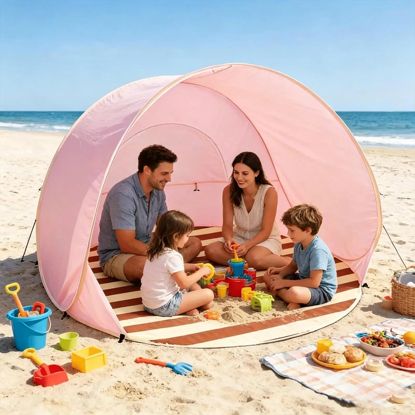Reusable Beach Sun Shelter Tent One Click Open 3-4 People Tent Large Space Sunshade Outdoor Portable Camping Garden Beach Tent