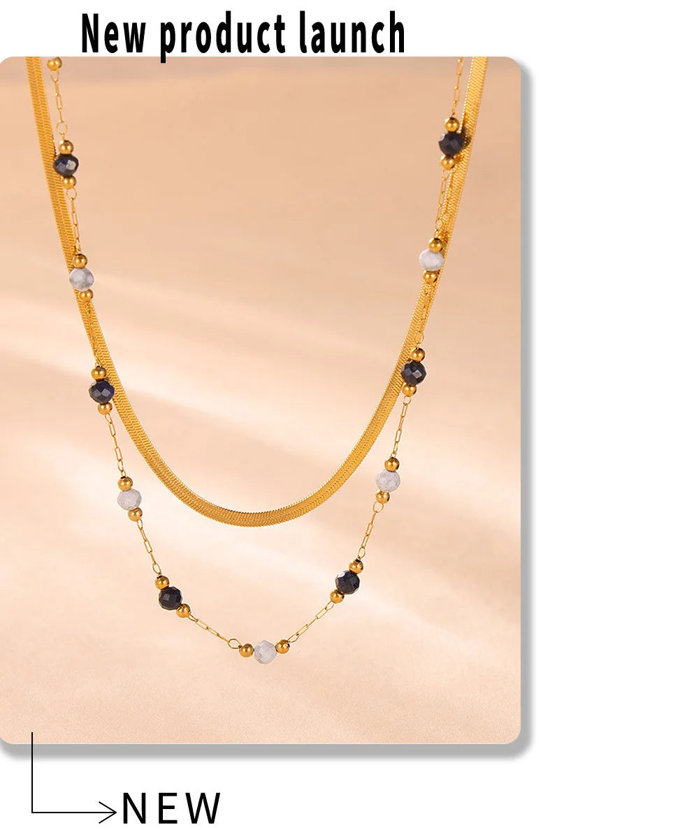Women's Necklace Natural Stone Handmade Bead Double-layer Layered Collarbone Chain Stainless Steel Jewelry