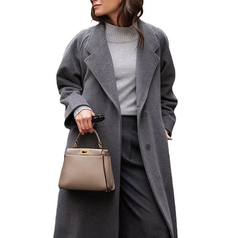 Thick Solid Wool Jackets Women Single Breasted Full Sleeve Coats Casual Warm Turn Down Collar Long Blends Office Lady Autumn