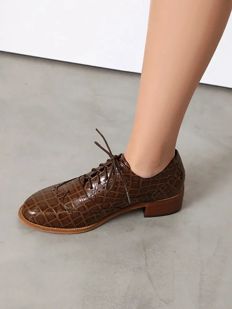 Women Shoes Spring New Fashion Round Toe Lace Up Retro Single Shoe for Office Party Walk Thick Low Heeled Big Size 48 775-1