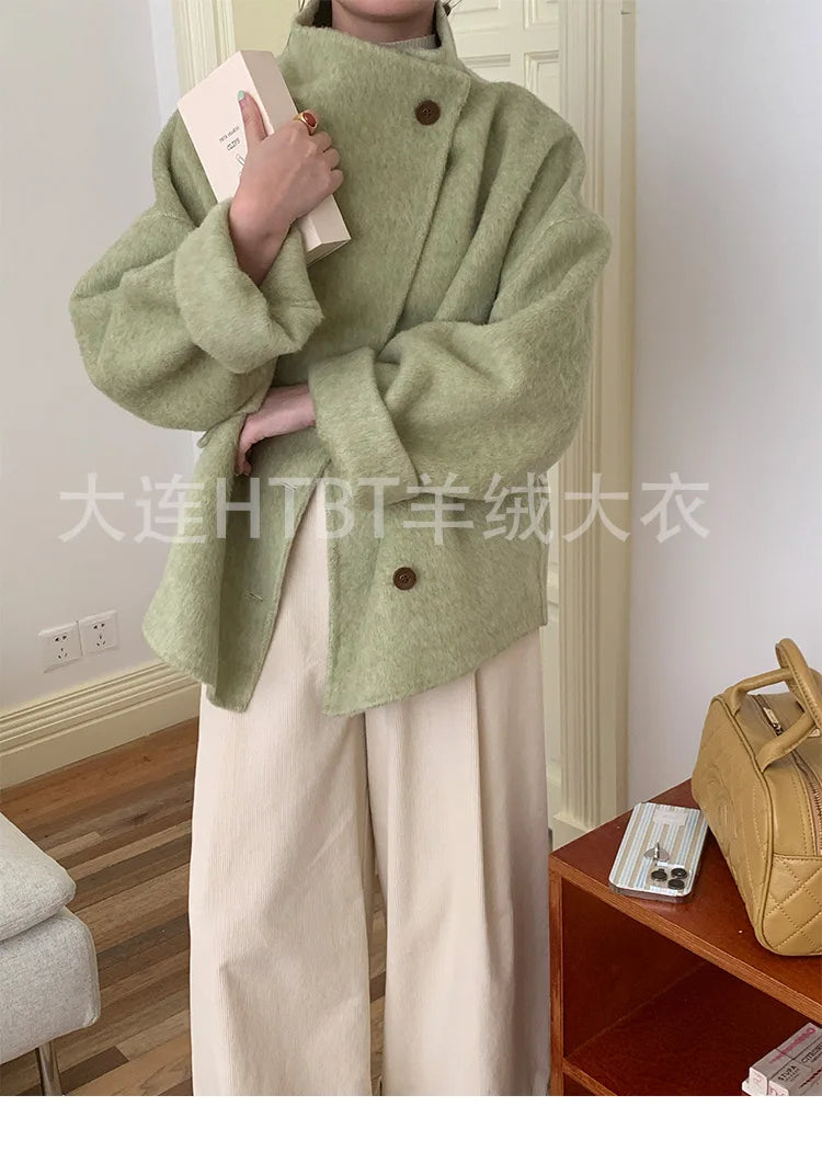 New Winter Short Woolen Coat Fashion Causal Warm Mulberry Silk Lapel Double-sided Wool Coat Loose Suit Jacket Female Tide Autumn