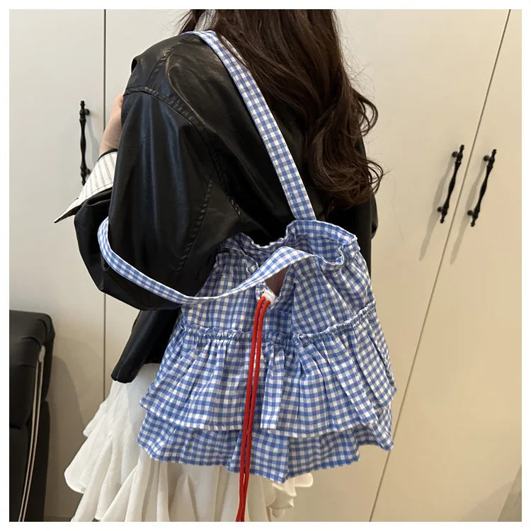 Women's Tote Bag Ruffles Plaid Drawstring Handbag Women Fashion Canvas Shoulder Bags	Large Capacity Korean Bags Bolsos De Mujer