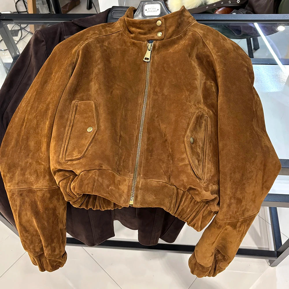 YOLOAgain Suede Leather Jacket Coat Women Real Leather Cropped Jacket Bomber Jacket 2025 Autumn
