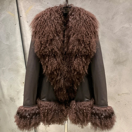 Sheep Collar Coats Women Winter Luxury Mongolian Fur Leather Jackets with Long Sleeve 7251