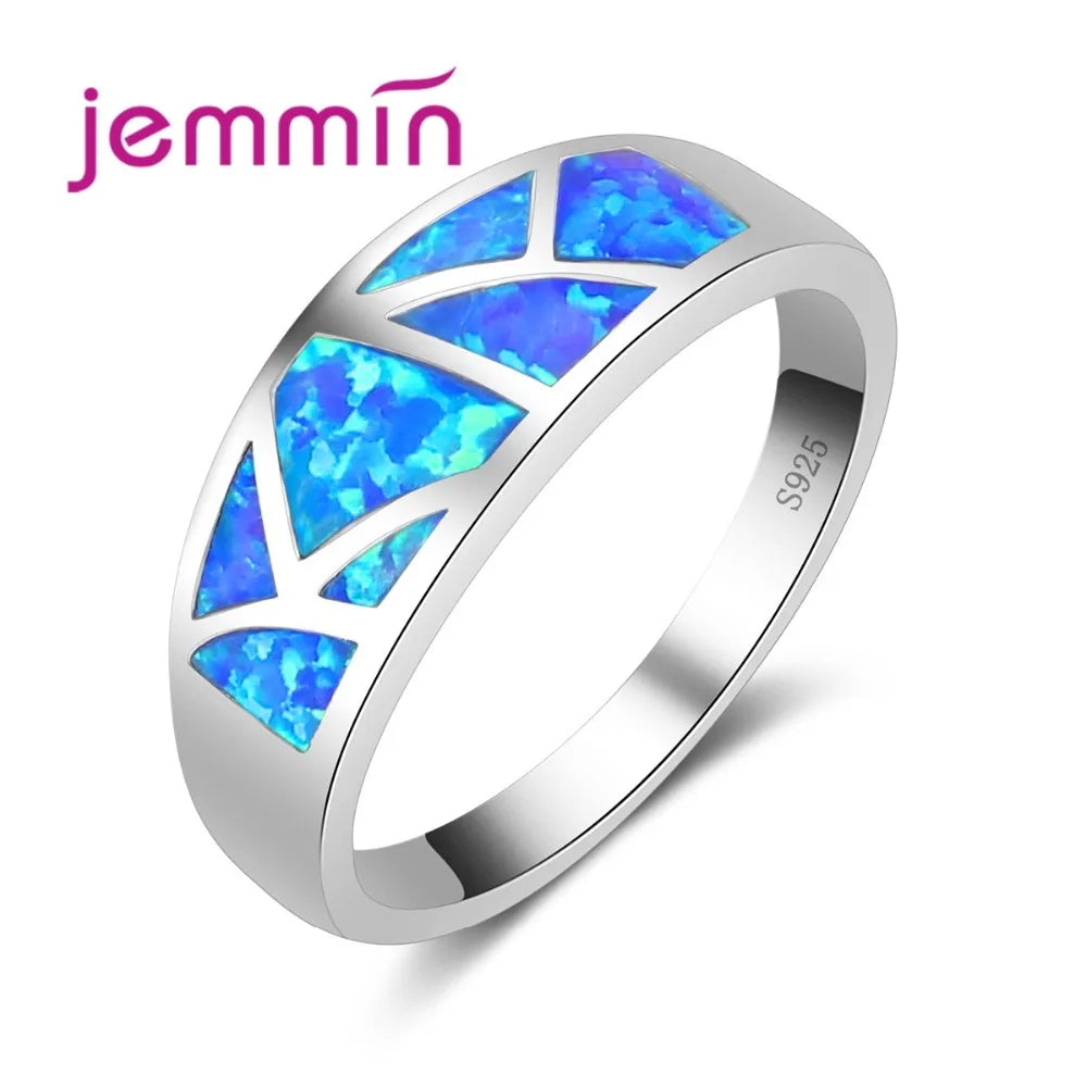 925-Sterling-Silver  Ring Jewelry For Women Blue Opal Anillos Bijoux Wedding Annivesary Finger Rings For Female Accessory