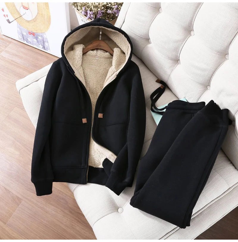 Winter Warm Sports Suits For Women Velvet Track Suit Thick Hoodies Jackets And Sweatpants Fleece 2 Piece Sets Women Outfit 2023