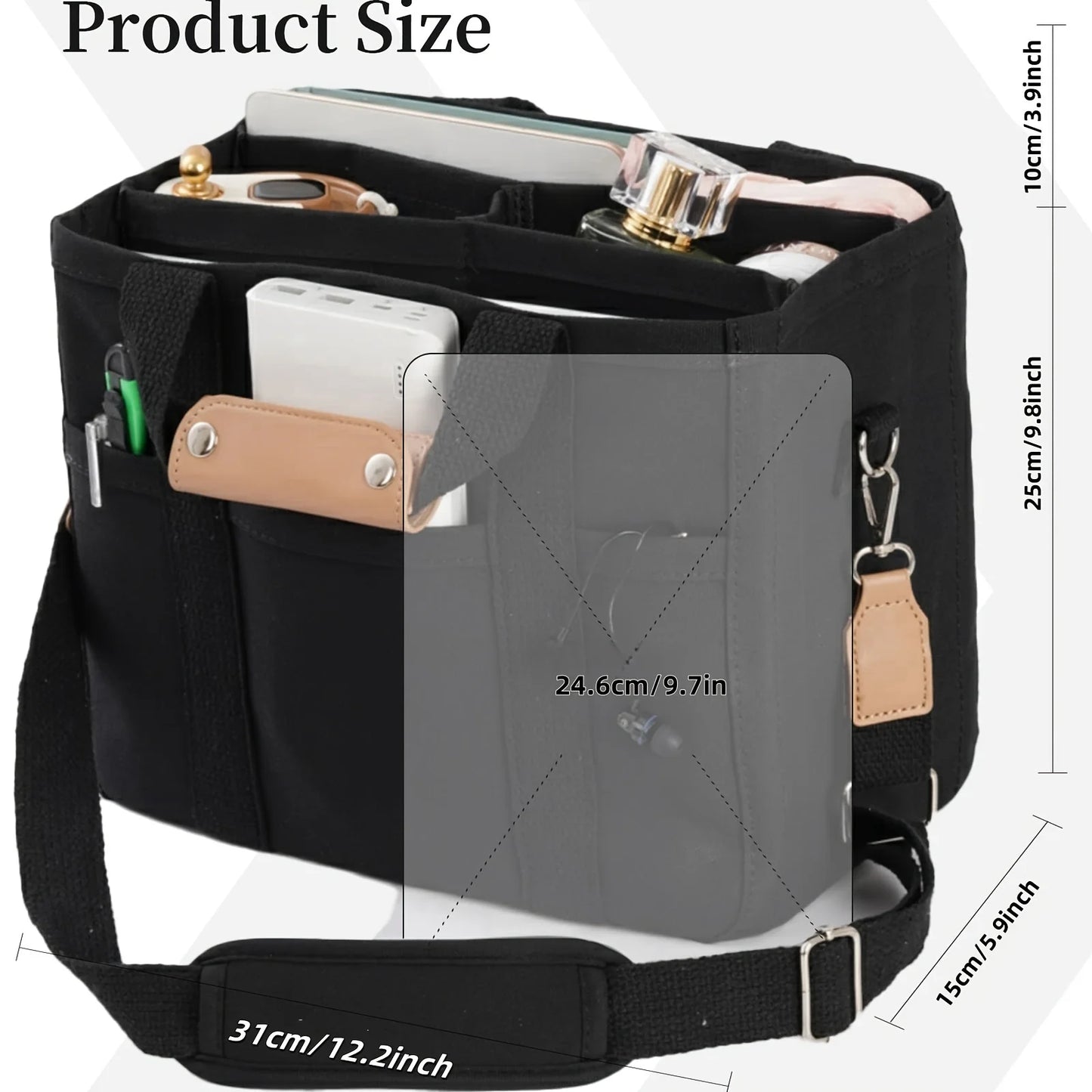 Ladies Canvas Handbag Multi Pocket Large Capacity Tote Bag Adjustable Shoulder Strap Casual Shoulder Shopping Bag