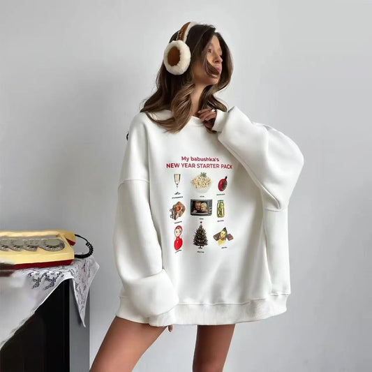 Sweet Cartoon Fashion Print Russian High Street O Neck Oversize Sweatshirt Women Thin Spring 2025 Hoodies Women Loose Casual Top