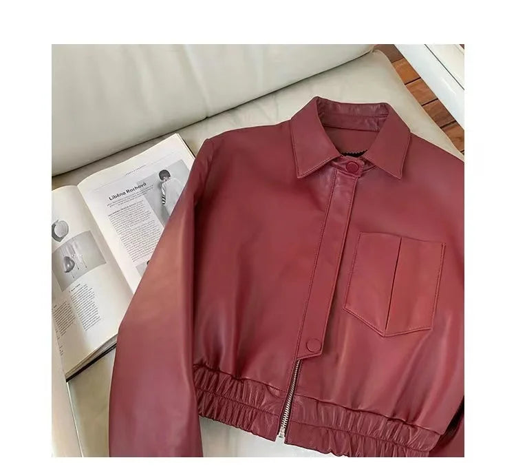 European 2025 New Fashion Short Leather Jacket For Women Casual Elastic Band Waist Top Clothing Mujer Varsity Claret Veste