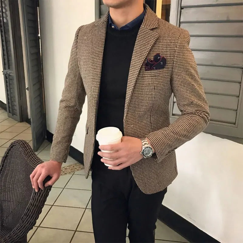 Spring and Autumn Wool Suit Men's Jacket Houndstooth Suit Large Size Retro Slim Business Thickened Casual Suit