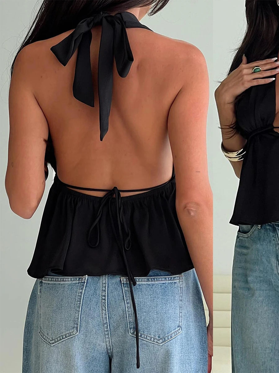 Women Halter Neck Crop Tops Sexy Tie-up Sleeveless Backless Tank Tops Solid Color Summer Vest Female Camisoles for Club Party