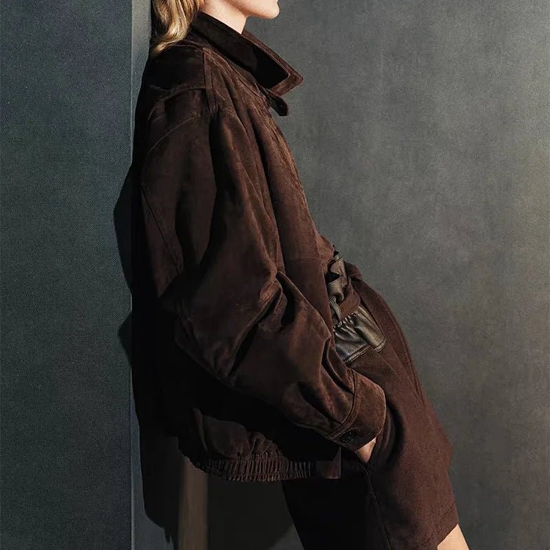 Brown Suede Jacket Spring Women Sheepskin Vintage Old Money Style Wide Shoulder Casual Baseball Leather Coat Giacca Pelle Donna