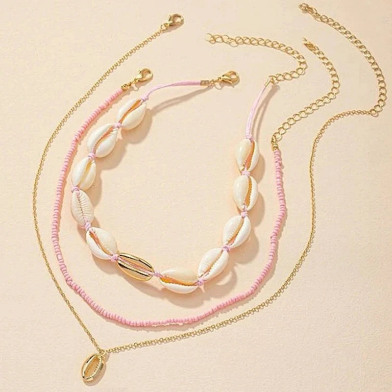 Necklace Three Layer Beach Seashell Choker Necklaces Bohemian Natural Shell Short Collar for Women Rope Chain Choker