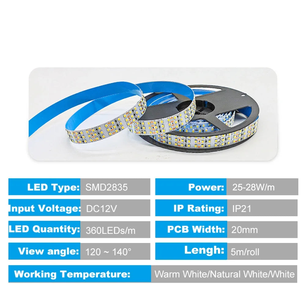 Three Rows LED Strip Light DC12V/24V 2835 SMD 360LEDs High Brightness LED Ribbon Project Lighting Strips 3000K/4000K/6000K