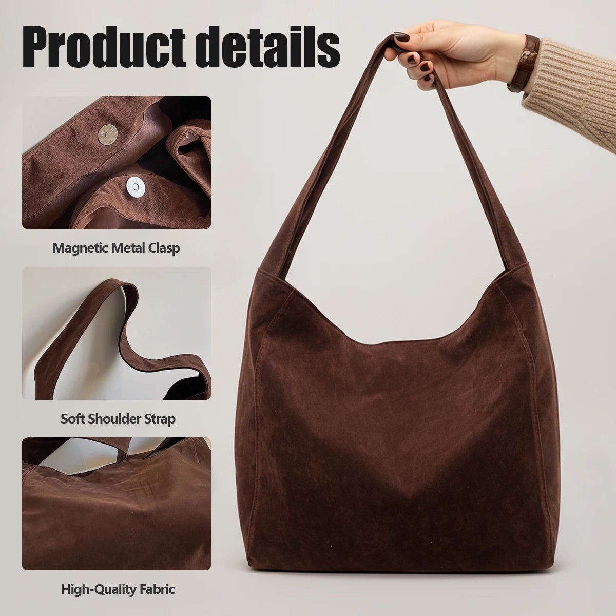Custom Logo Tote Bag for Women, Large Capacity, Vintage Commuter Vacation Travel Bag, Single Shoulder Handbag, Suede DIY