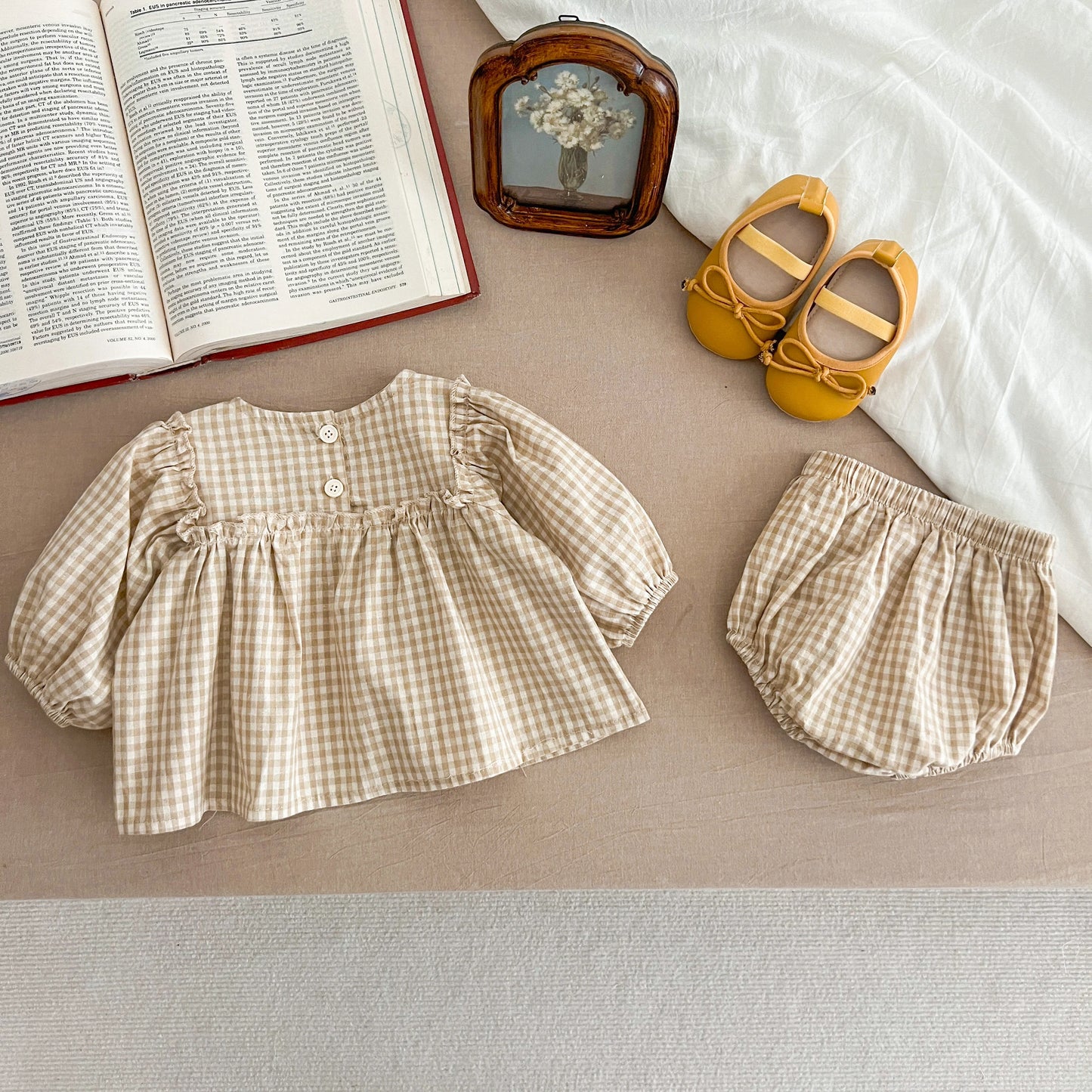 Baby Cotton Clothing Sets 0-2Yrs Autumn New Baby Girl Clothes Set Plaid Tee And Bloomer 2pcs Toddler Kids Vest + Shorts Suit