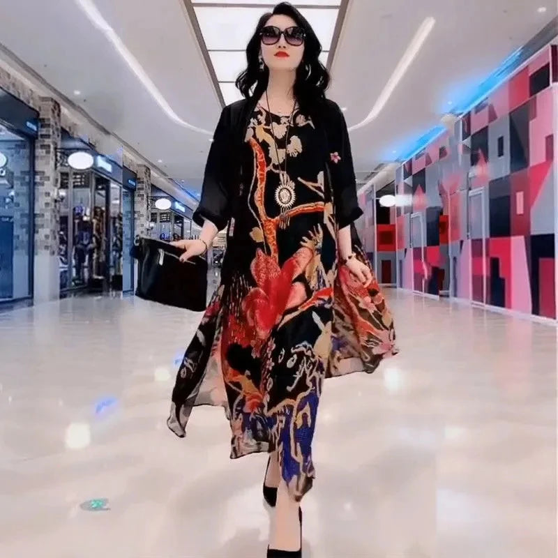 Authentic Silk Dress for Mother, Silkworm Loose Dress, High-End Print, 2-Piece Dress, Women's Dresses, Spring, Summer, New, 2023