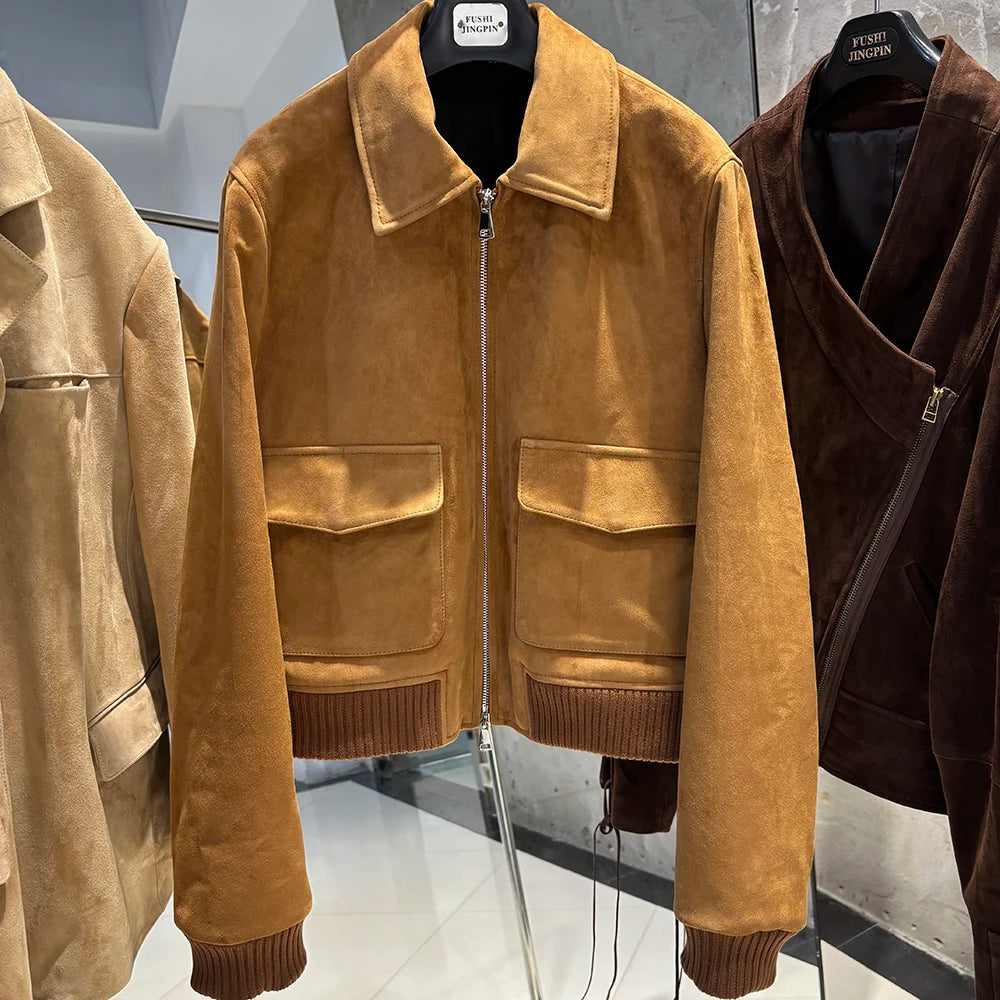 YOLOAgain Real Leather Jacket Women Oversized Suede Bomber Coat 2024 Autumn