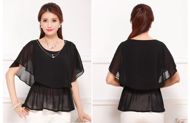 2025 Women Summer Tops Blouse Fashion Elegant Ruffle Batwing Sleeves Chiffon Shirt Loose Casual Clothing blusas mujer de moda