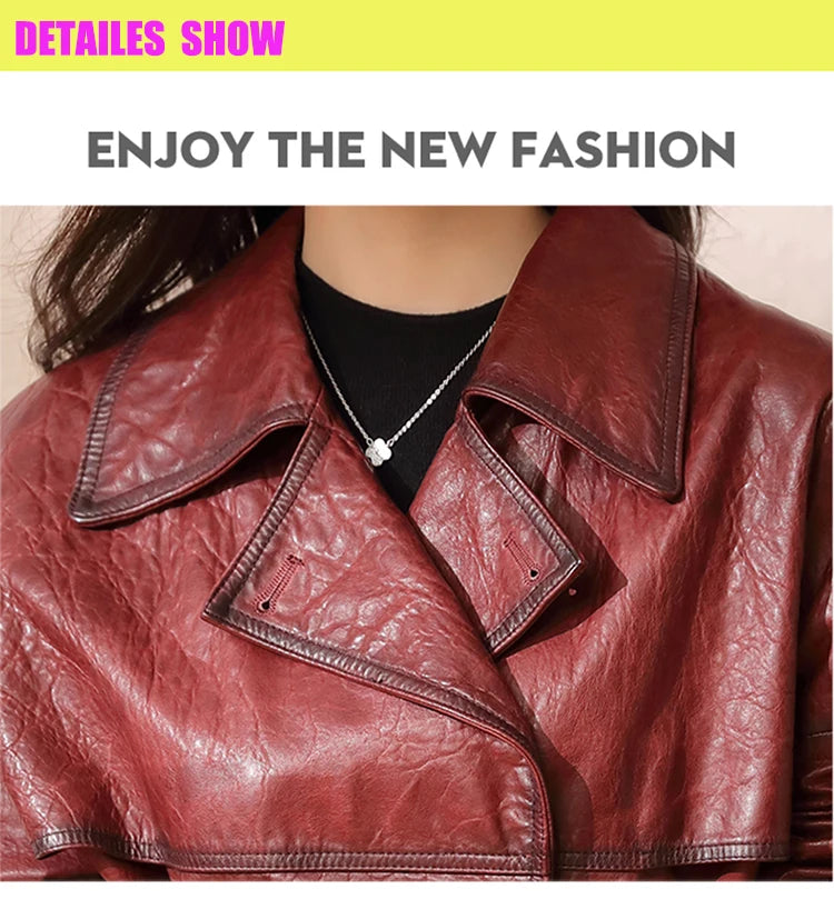 Roupas Femininas Autumn Women's Suit Collar Lace-up Waist Oil Wax Sheepskin Gabardina Mujer Vintage Red Wine Short Trench Coats