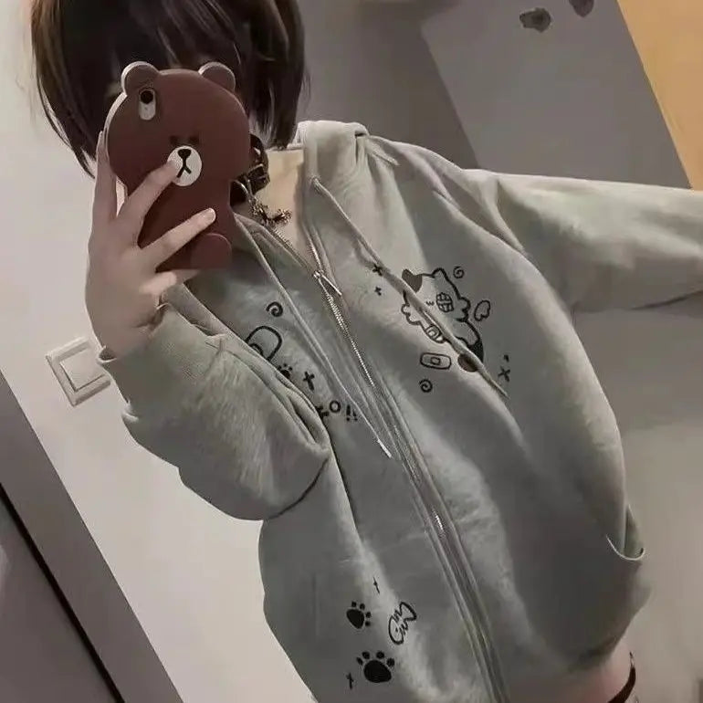 Spring Autumn Jackets Cute Cats Print Zip Up Hoodie Women Streetwear Sweatshirt Y2k Tops Cartoon Japanese Coat Grunge Black Gray