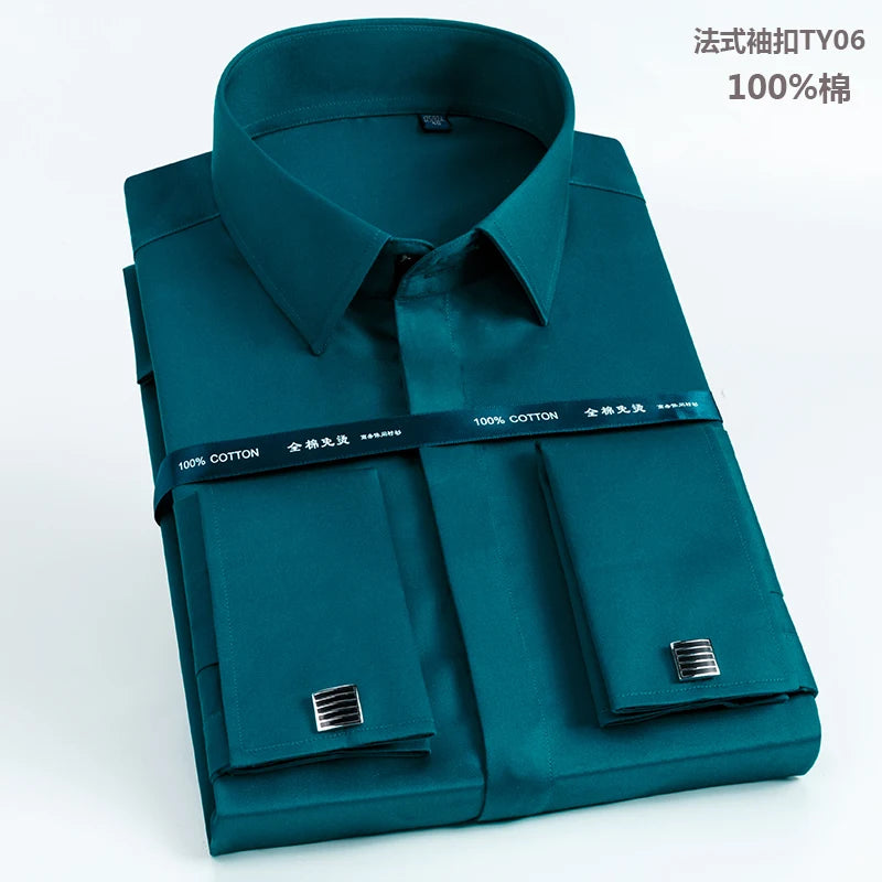 Men's French cufflinks shirt made of pure cotton long sleeved slim fit concealed button, solid color high end wedding dre