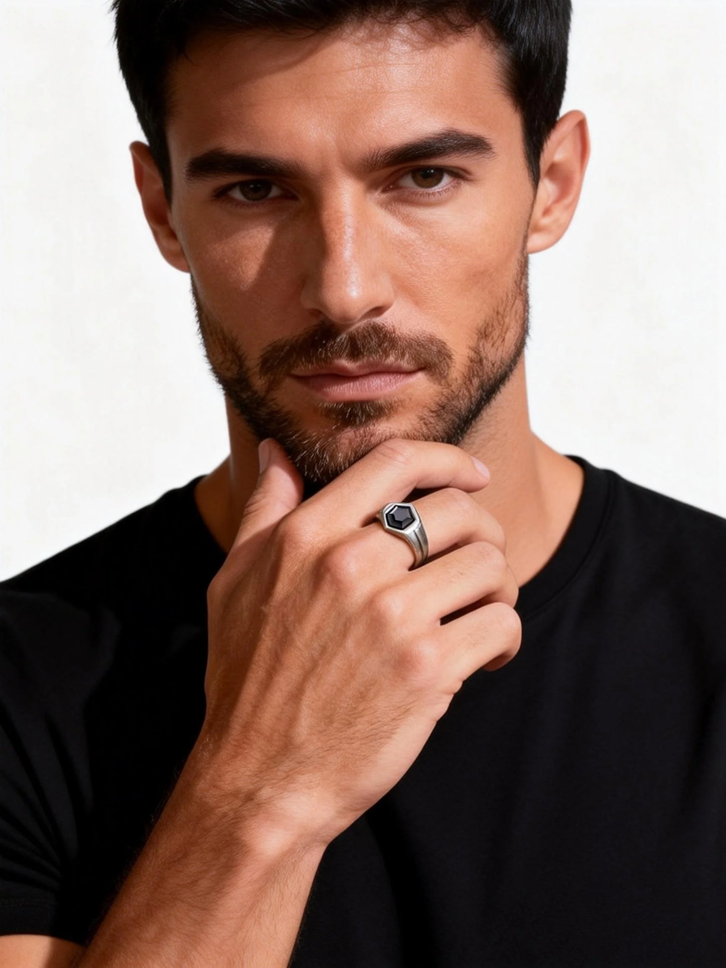 Hexagon Black Zircon Ring for Men, Stainless Steel Antique Silver Color Geometric Band,Punk Statement Jewelry Gift