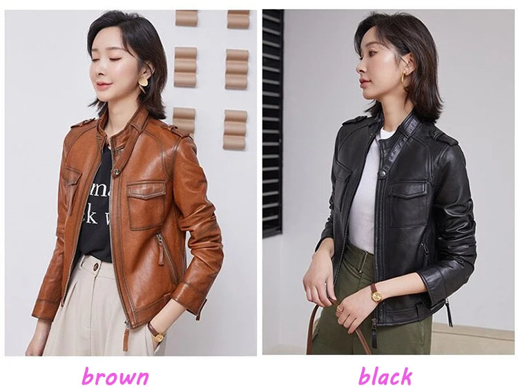 Autumn Clothes Women Genuine Sheepskin Short Locomotive Jaqueta Feminina Stand Collar Slim Vintage Versatile Brown Leather Coat